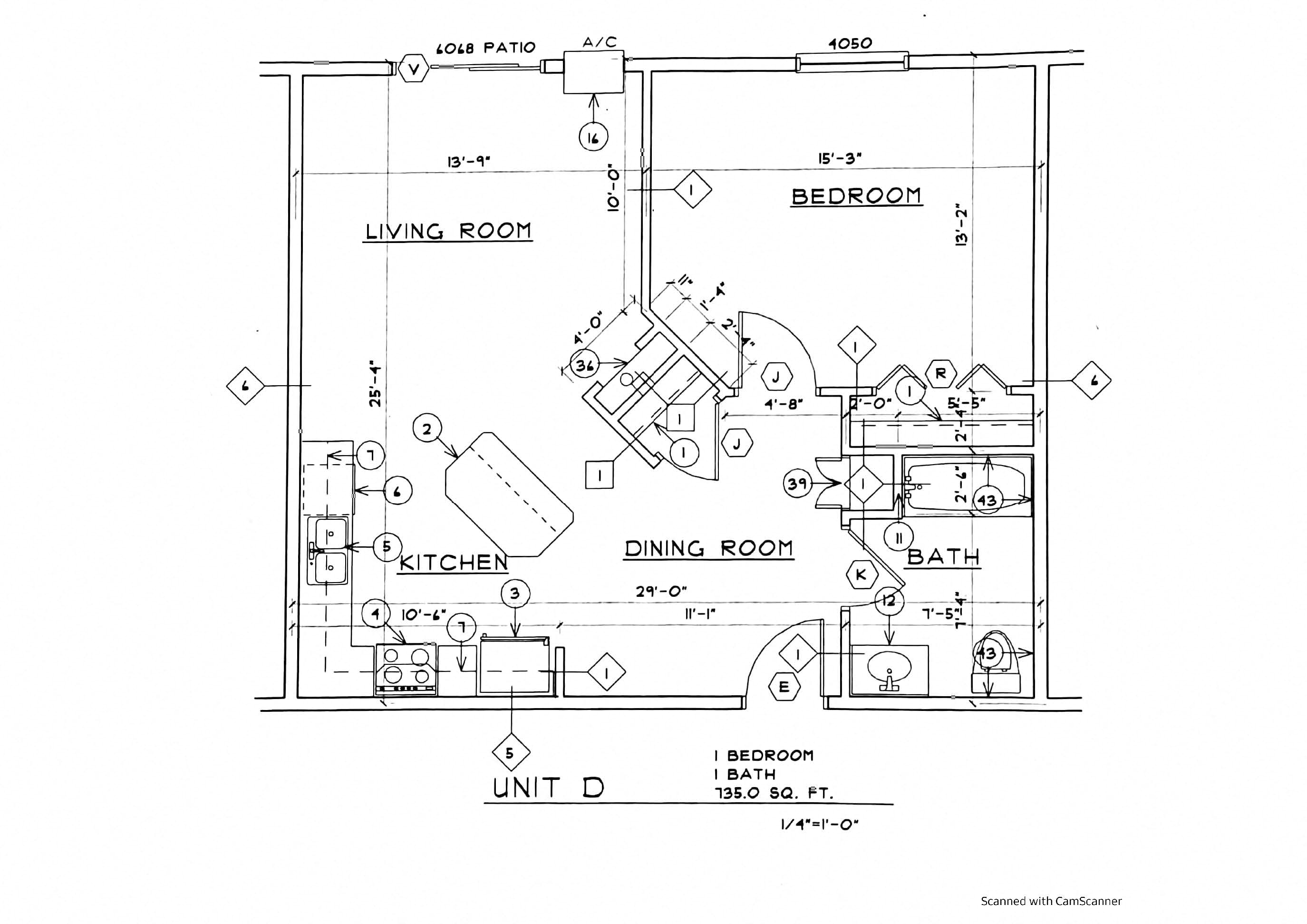 Floor plan for 1 bed, 1 bath, 735 sqft